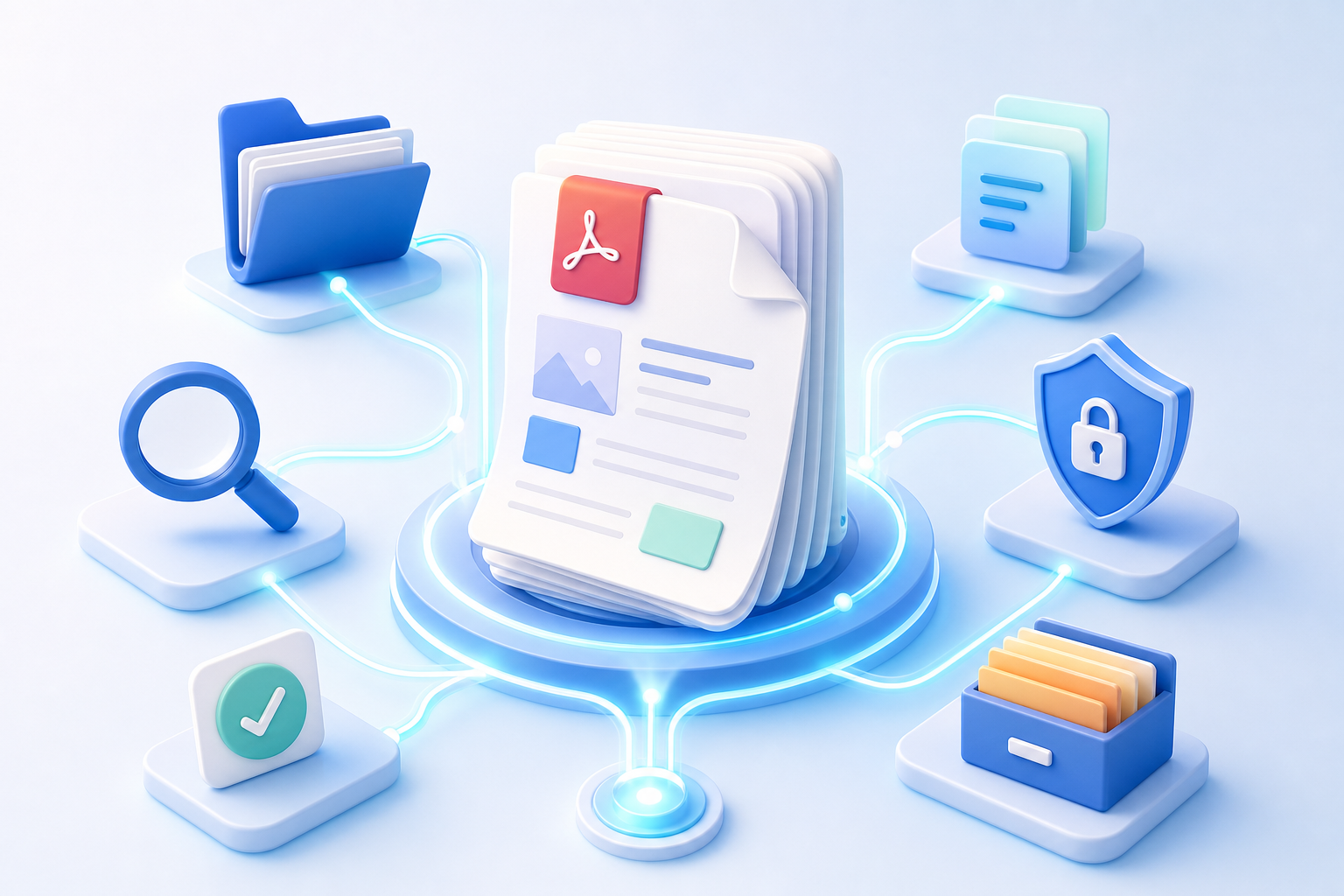 AI document management workflow connecting PDF files, folders, search and security