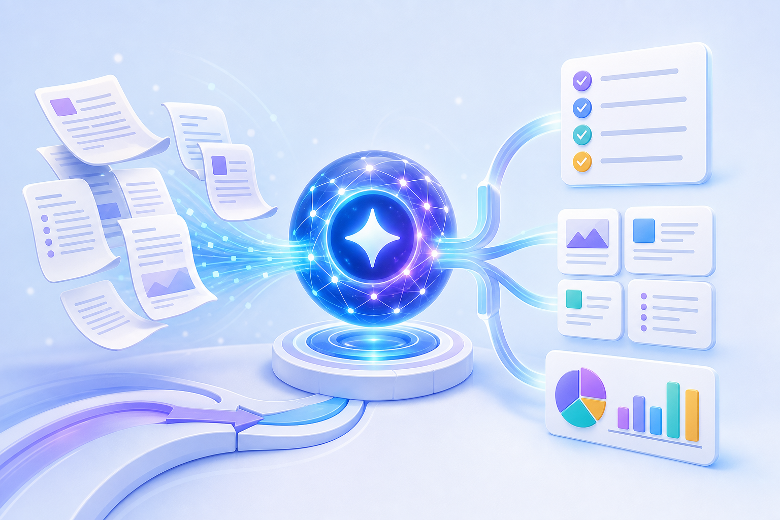 PDF pages flowing through an AI system into checklists and insights