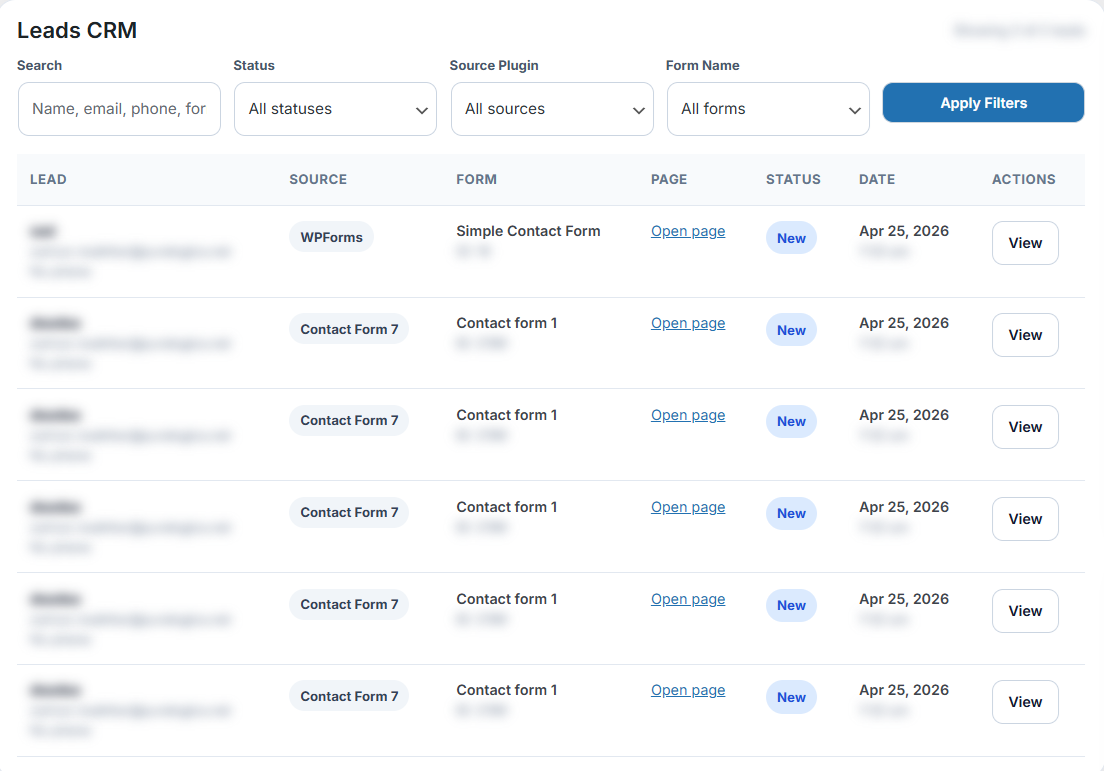 GoPDFTools Form Leads Dashboard main screen showing captured form entries