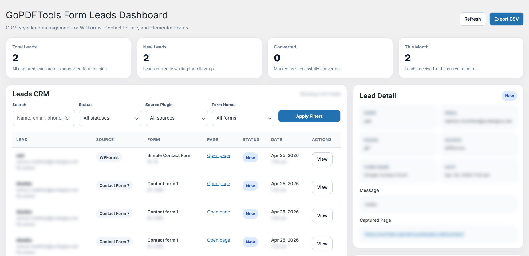Form entry details and management screen